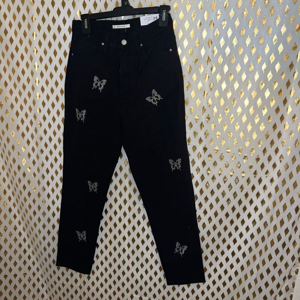 NWT Pacsun high waisted black rhinestone Butterfly Ultra High rise Slim Fit Jean